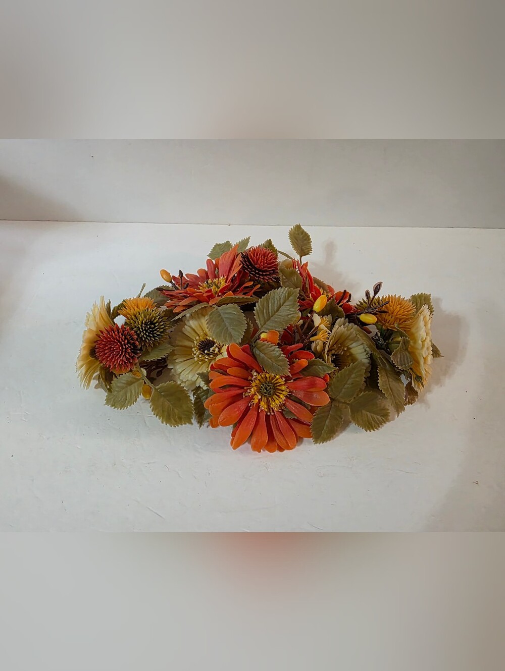 Vintage 70s Floral Candle Ring Centerpiece Fall Autumn Daisy Leaves 3" Candle
